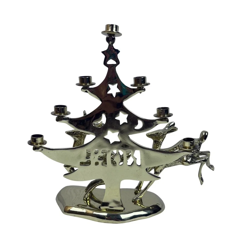 Vintage‎ Brass Christmas Tree Candelabra Reindeer Noel Candle Holder